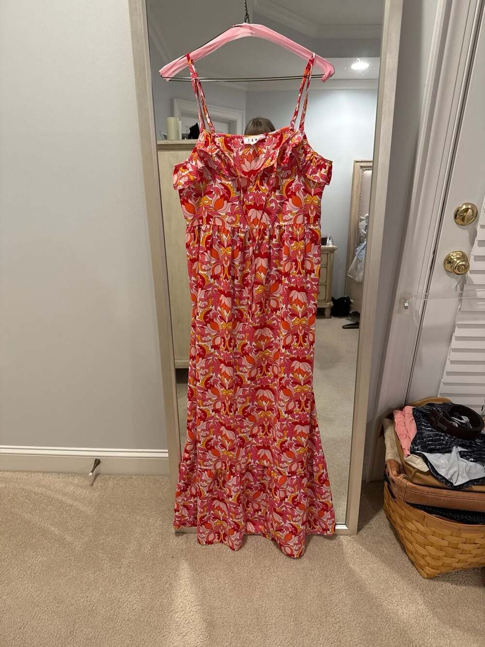 THML Retro Pink and Orange Floral Tiered Ruffle Maxi Sundress